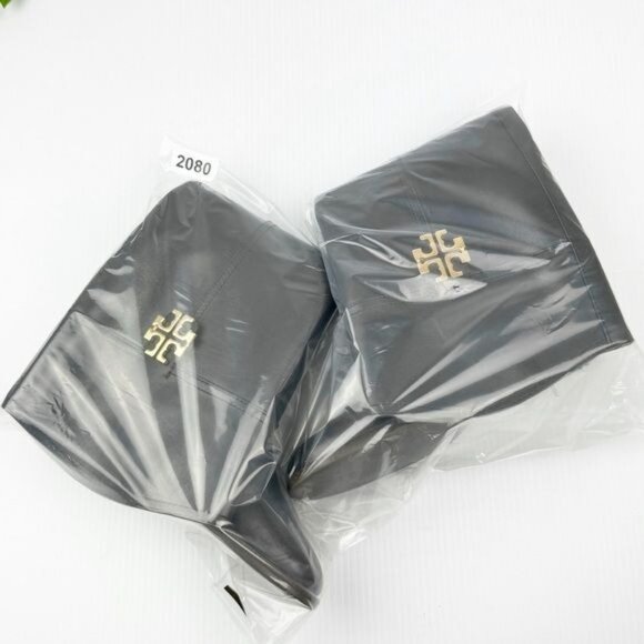 Tory Burch The Eloise Tall logo Riding Boot Leather Deep Brown & Gold 7 - Picture 10 of 11